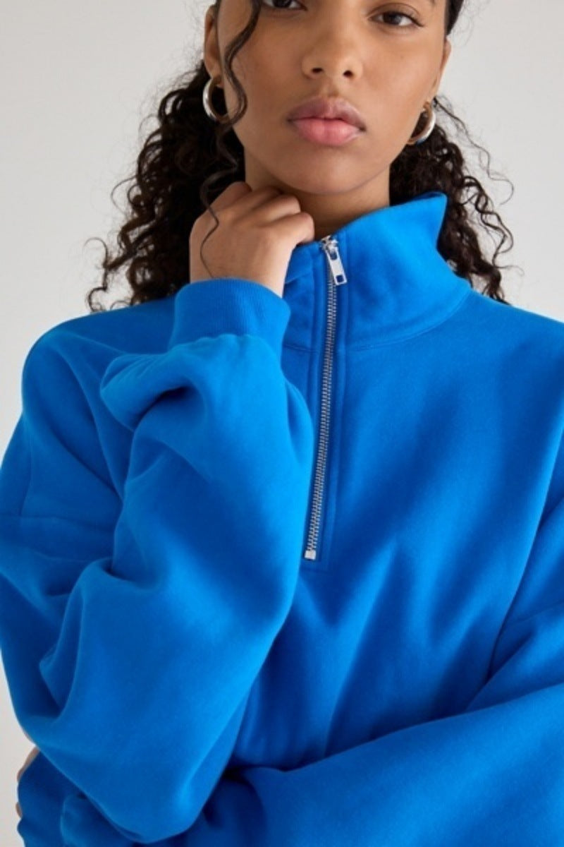 Blue Cropped Quarter-Zip Pullover Top