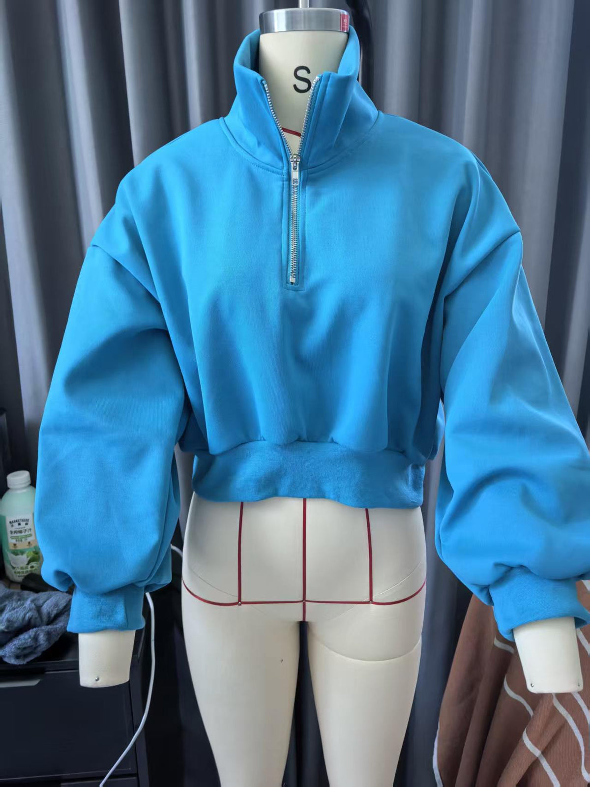 Blue Cropped Quarter-Zip Pullover Top