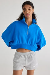 Blue Cropped Quarter-Zip Pullover Top