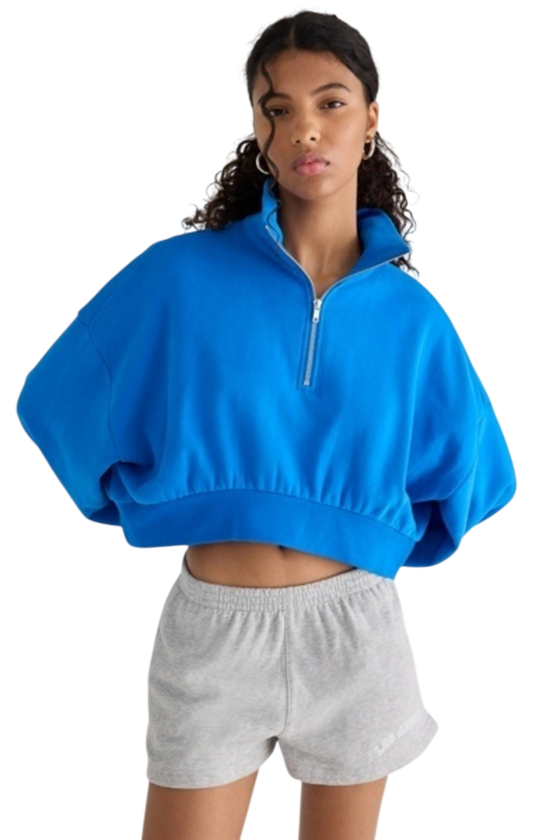 Blue Cropped Quarter-Zip Pullover Top