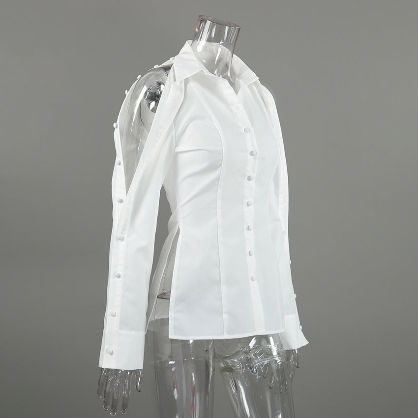 Women's White Button Front Long Sleeve Top