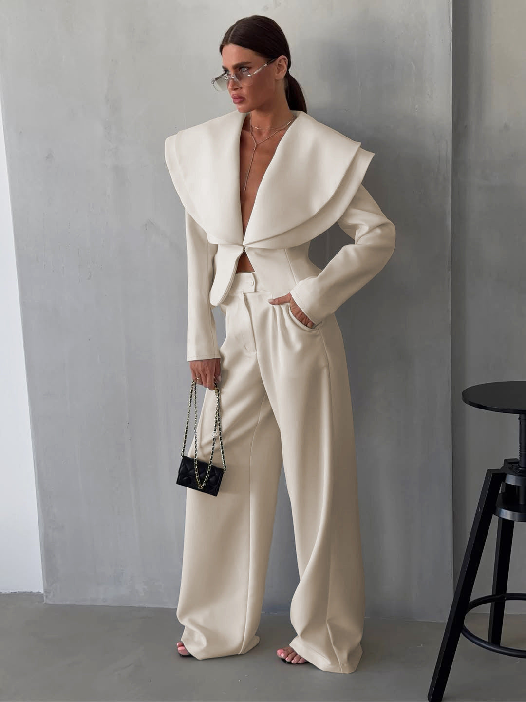 Women's White Blazer & Wide Leg Pants Set
