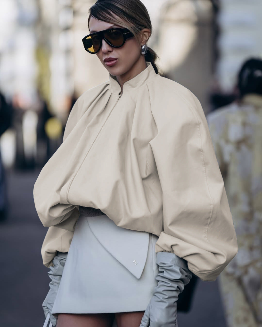 Women's Beige Zip Front Oversized Top