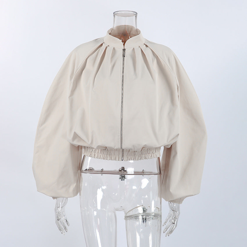 Women's Beige Zip Front Oversized Top