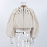 Women's Beige Zip Front Oversized Top
