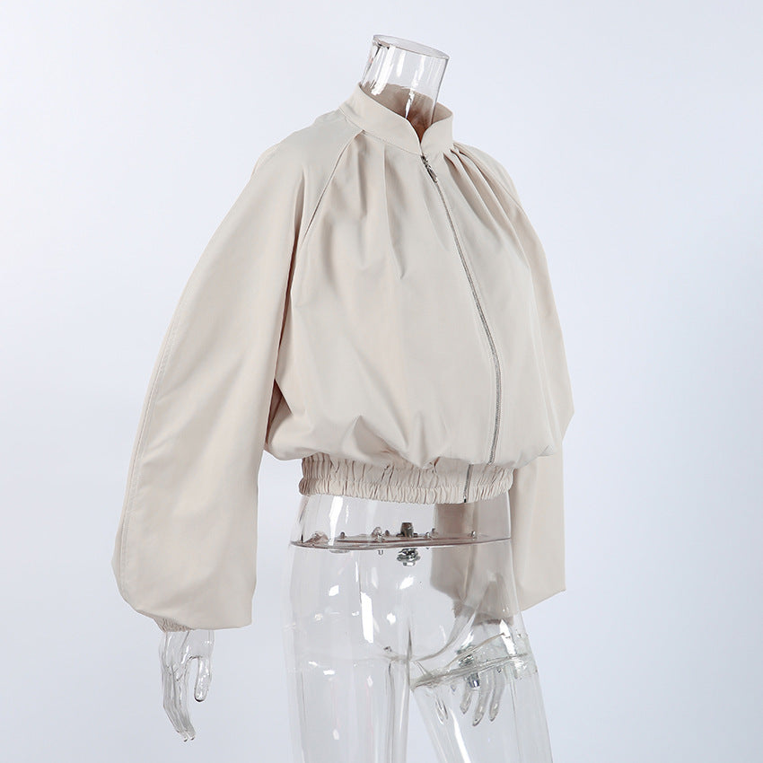 Women's Beige Zip Front Oversized Top