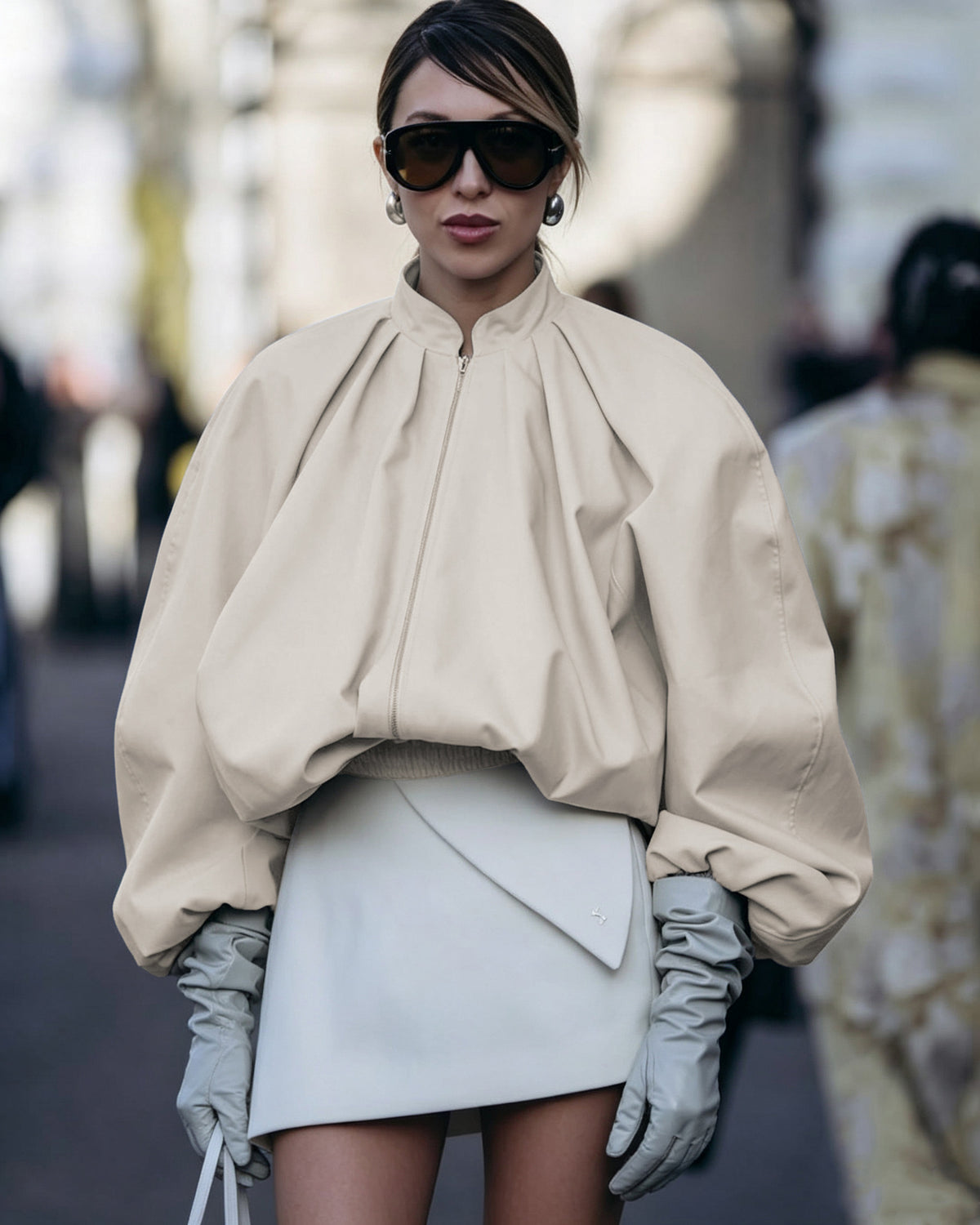 Women's Beige Zip Front Oversized Top