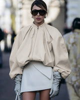 Women's Beige Zip Front Oversized Top