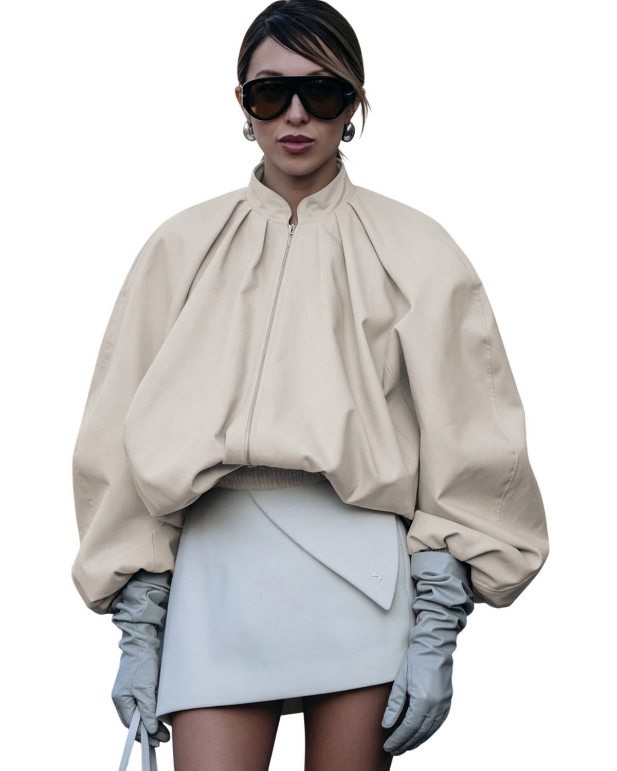 Women's Beige Zip Front Oversized Top