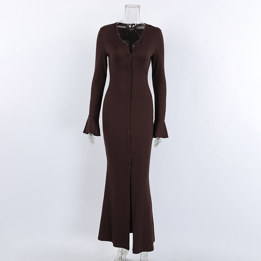 Women's Brown Button Front Maxi Dress