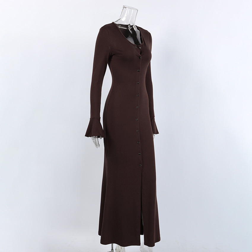 Women's Brown Button Front Maxi Dress