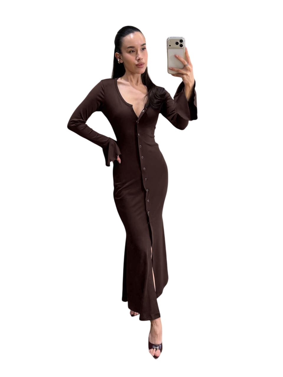 Women's Brown Button Front Maxi Dress