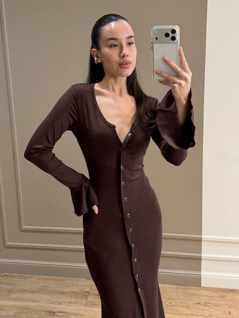 Women's Brown Button Front Maxi Dress