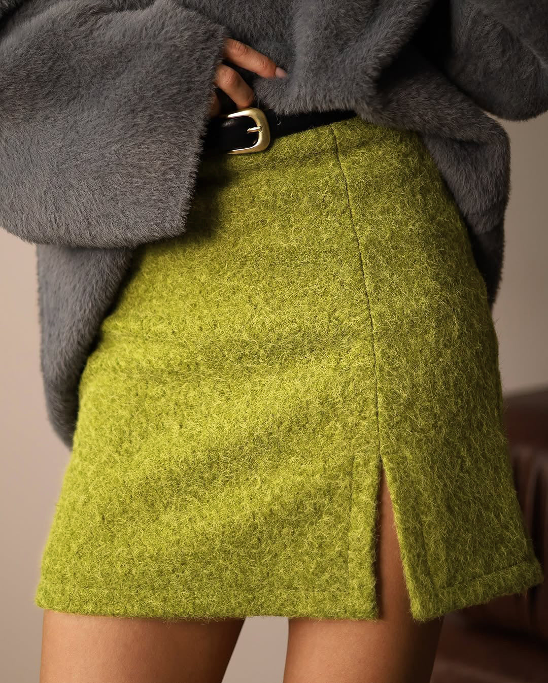 Women's Green Fuzzy Mini Skirt with Slit