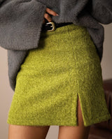 Women's Green Fuzzy Mini Skirt with Slit