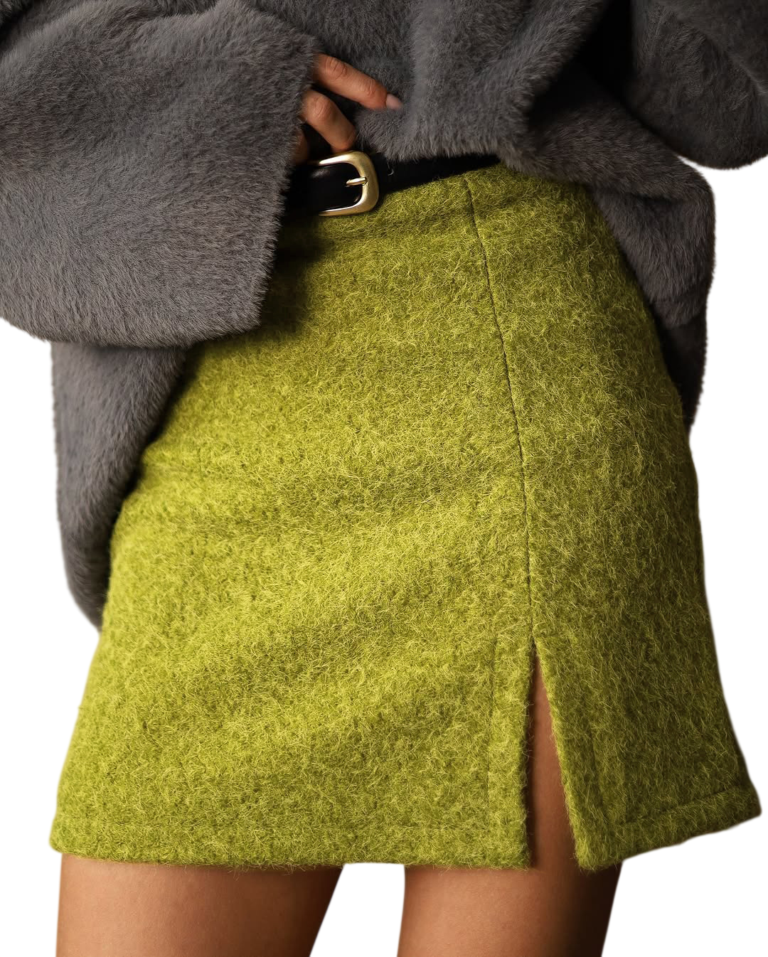 Women's Green Fuzzy Mini Skirt with Slit