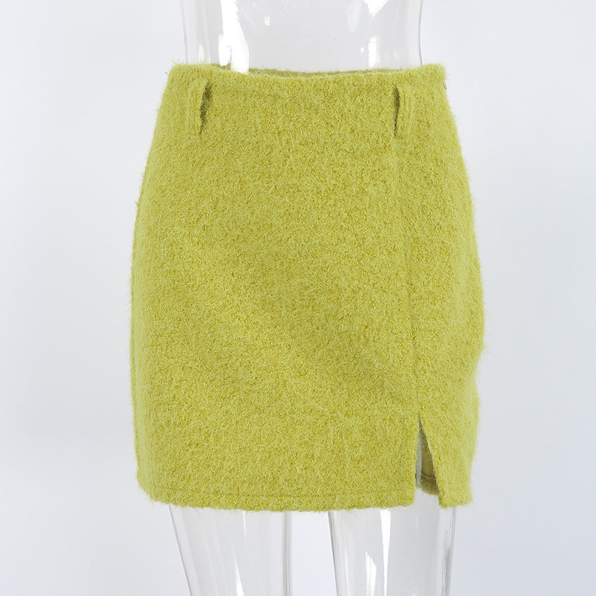 Women's Green Fuzzy Mini Skirt with Slit