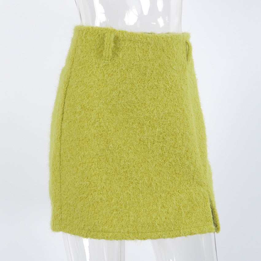 Women's Green Fuzzy Mini Skirt with Slit