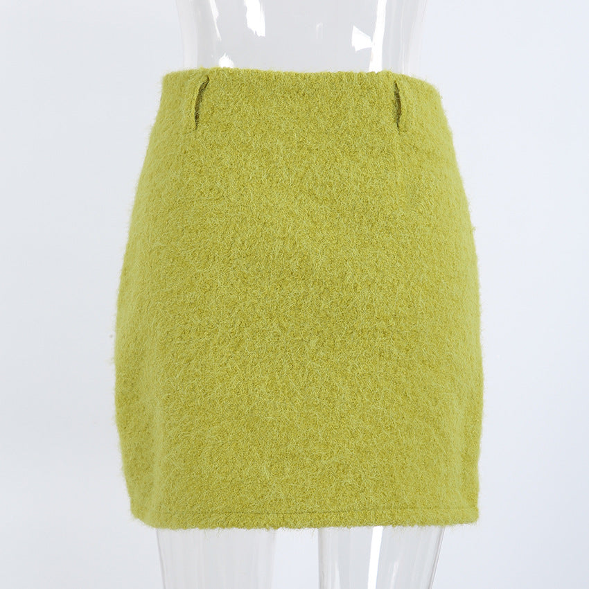 Women's Green Fuzzy Mini Skirt with Slit