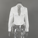 Women's White Corset Button Down Long Sleeve Top