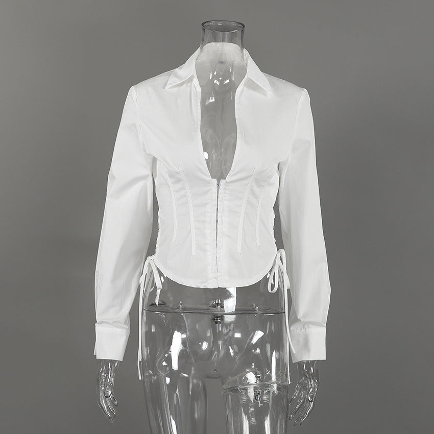 Women's White Corset Button Down Long Sleeve Top