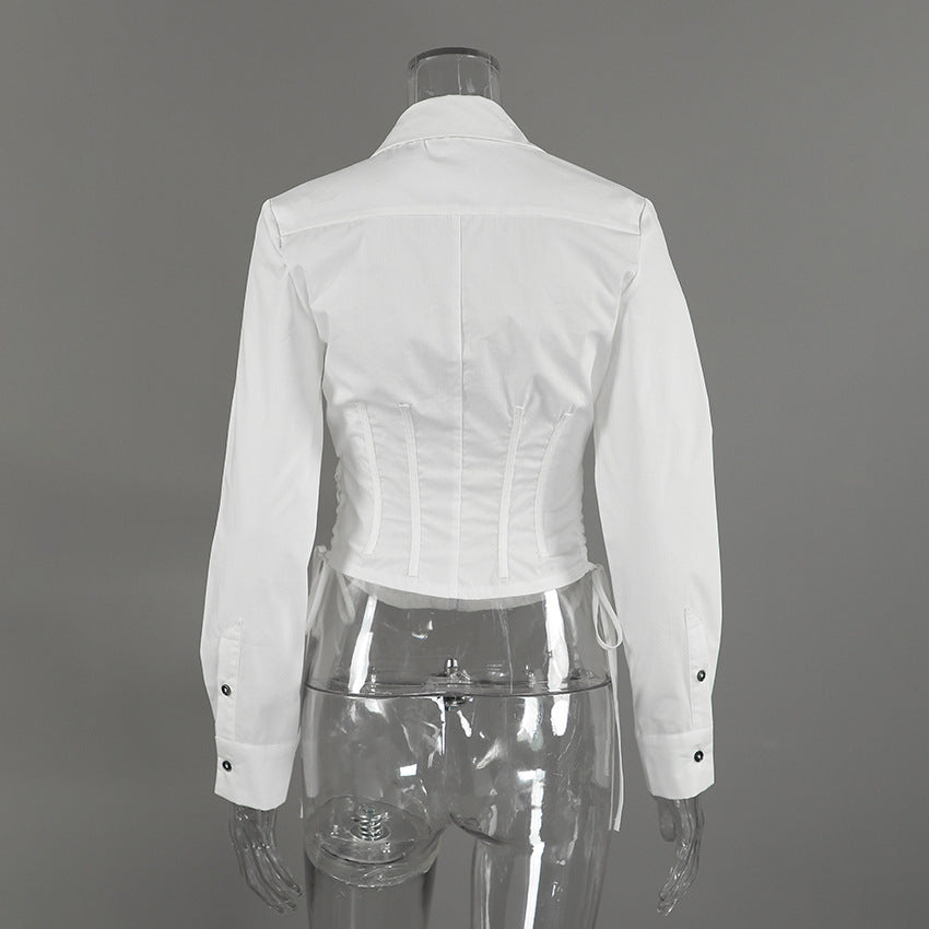 Women's White Corset Button Down Long Sleeve Top