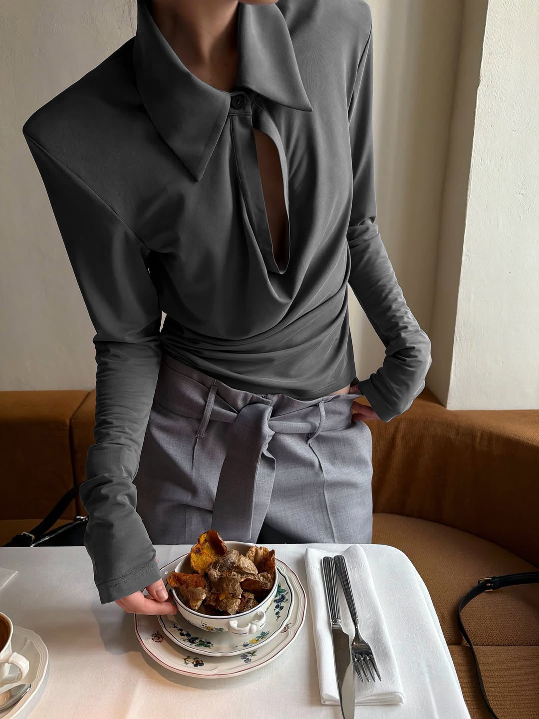 Women's Gray Collared Ruched Long Sleeve Top