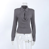 Women's Gray Collared Ruched Long Sleeve Top