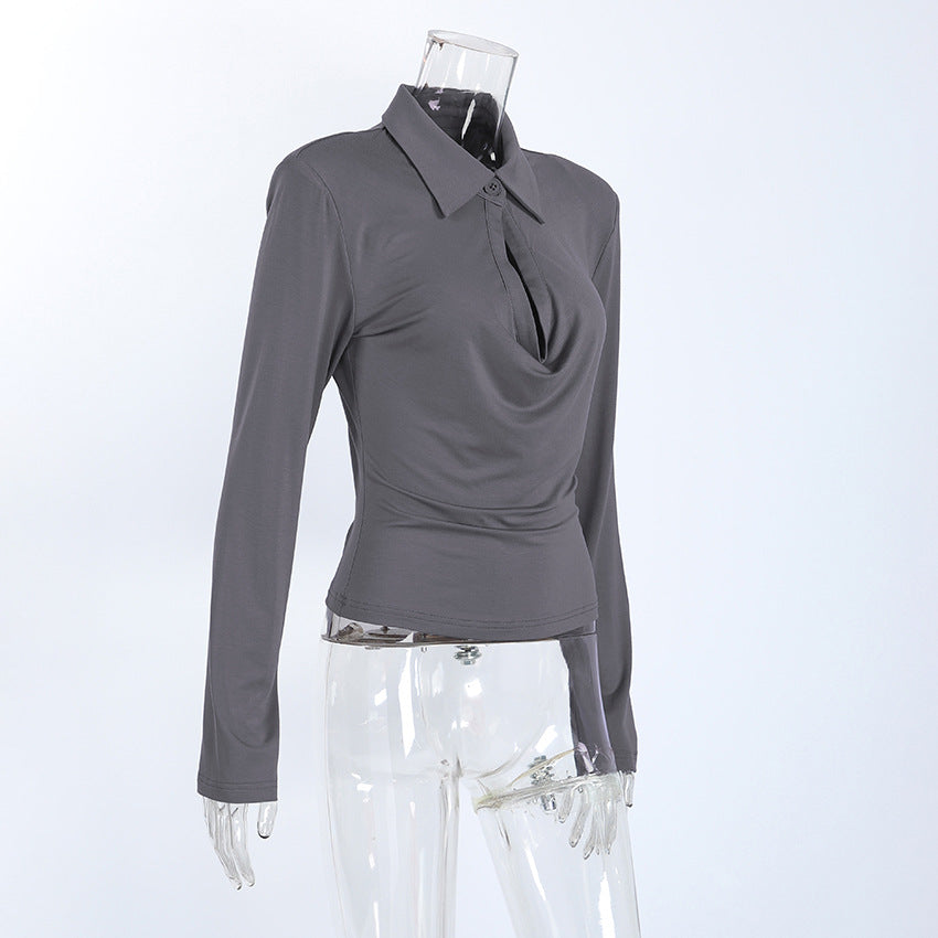Women's Gray Collared Ruched Long Sleeve Top
