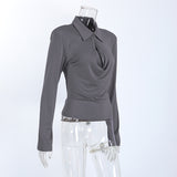 Women's Gray Collared Ruched Long Sleeve Top