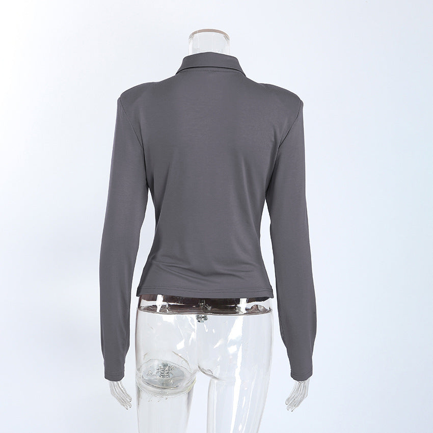 Women's Gray Collared Ruched Long Sleeve Top