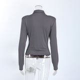 Women's Gray Collared Ruched Long Sleeve Top