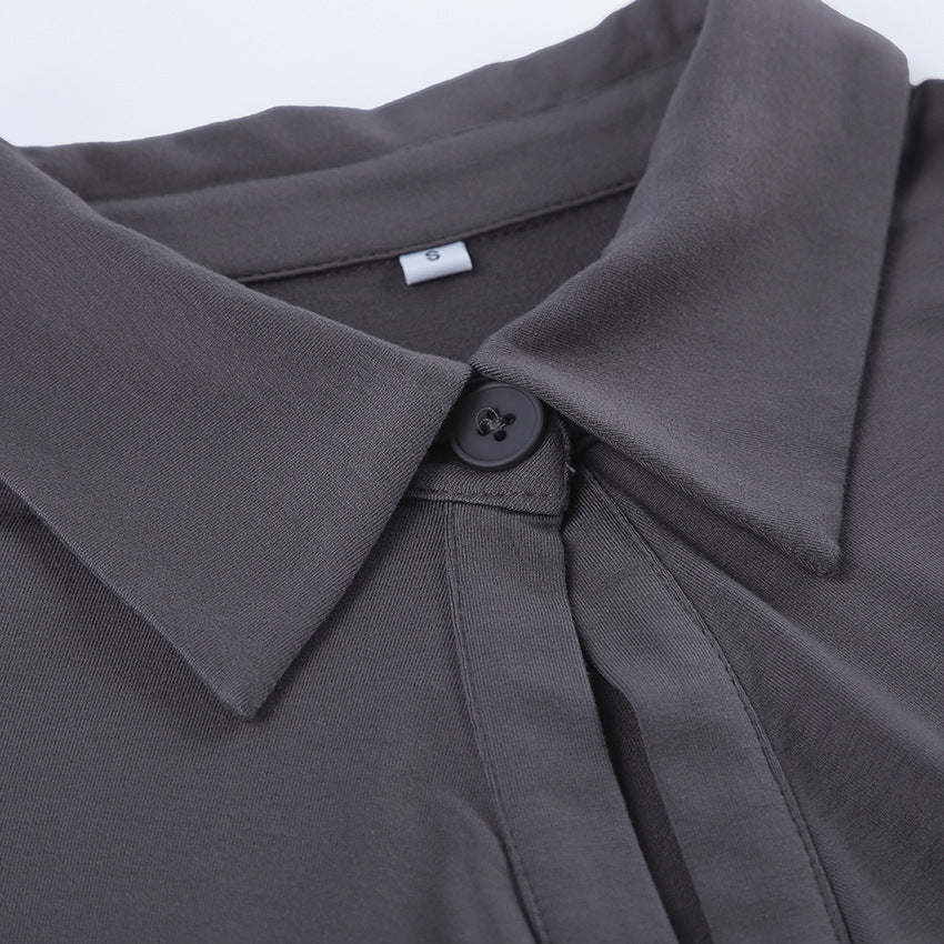 Women's Gray Collared Ruched Long Sleeve Top
