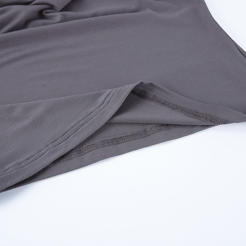 Women's Gray Collared Ruched Long Sleeve Top