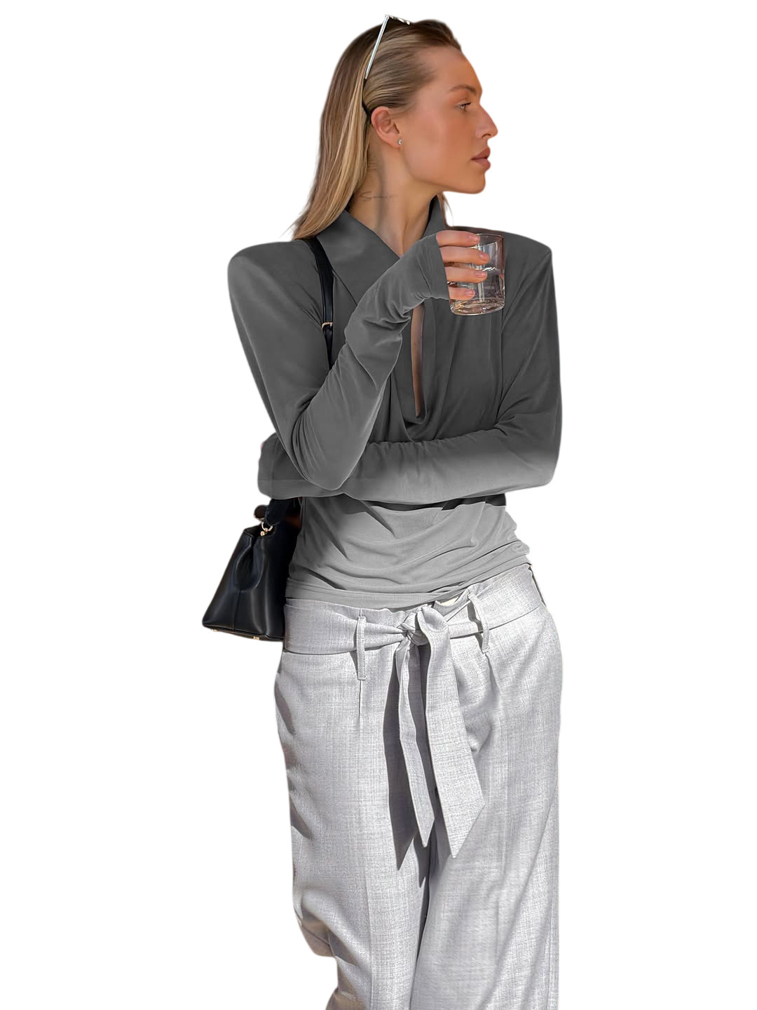 Women's Gray Collared Ruched Long Sleeve Top