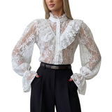 Women's  Lace Ruffle Sheer Long Sleeve Top