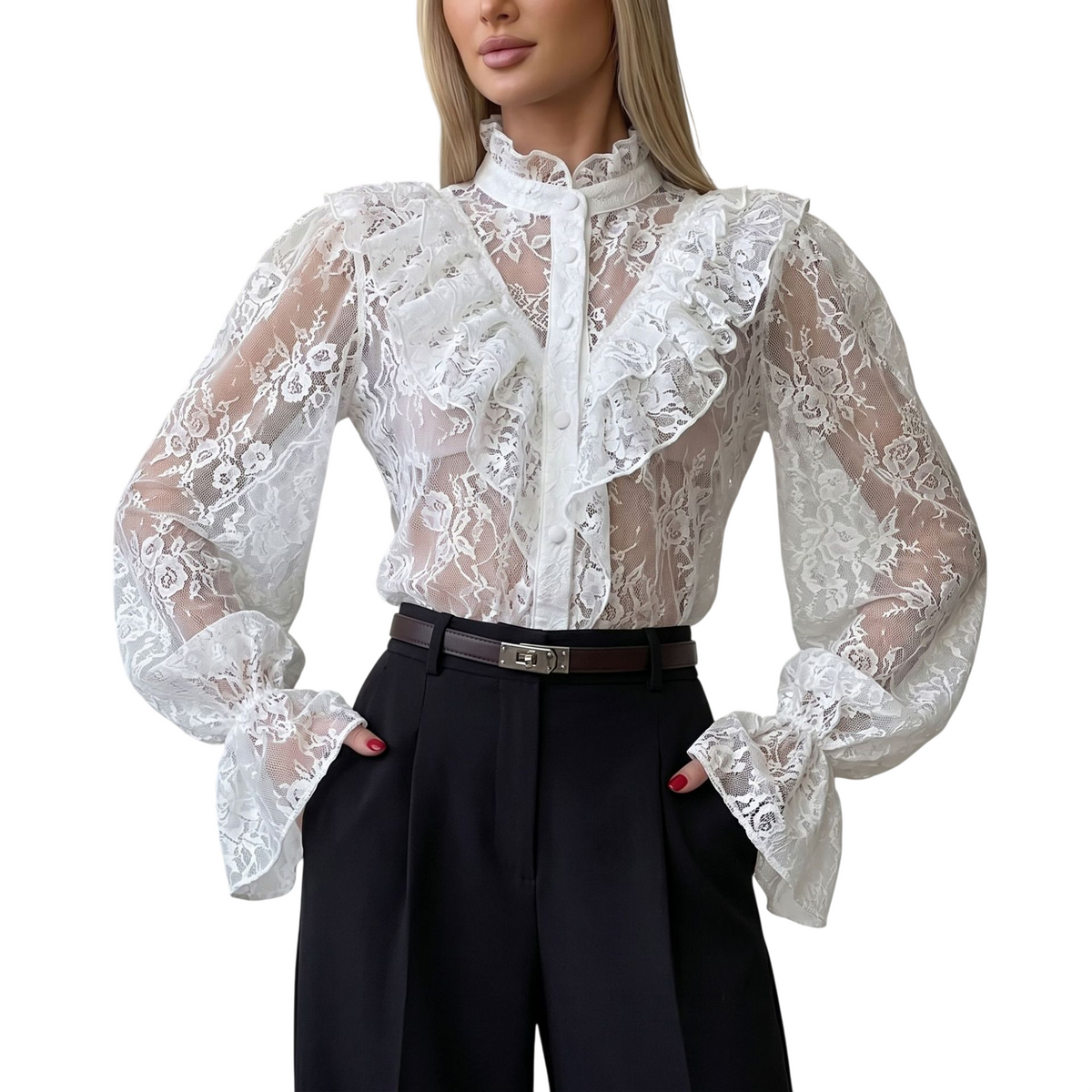 Women's  Lace Ruffle Sheer Long Sleeve Top