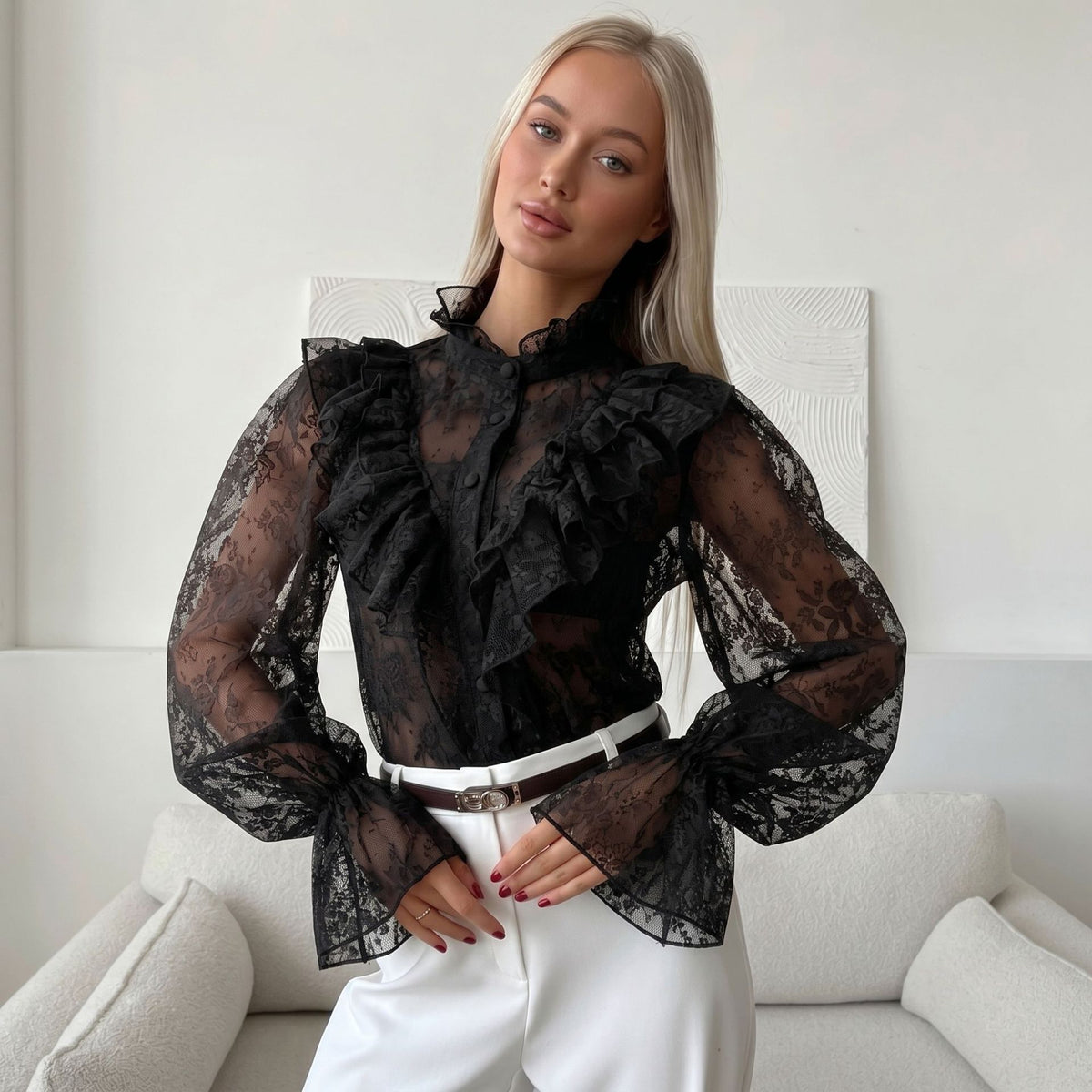 Women's  Lace Ruffle Sheer Long Sleeve Top