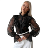Women's  Lace Ruffle Sheer Long Sleeve Top
