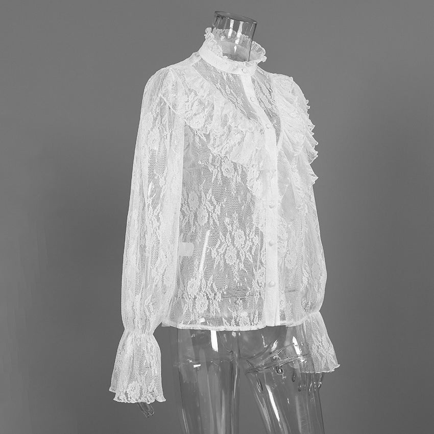Women's  Lace Ruffle Sheer Long Sleeve Top