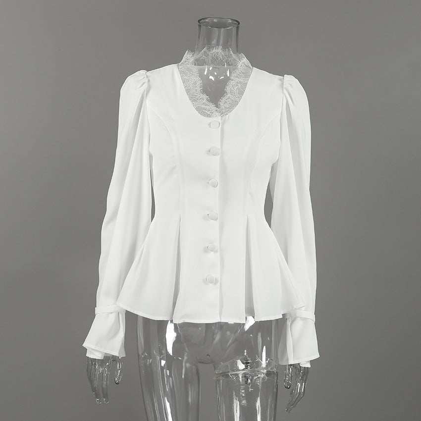 Lace Trim Button Front Peplum Top
