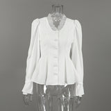 Lace Trim Button Front Peplum Top