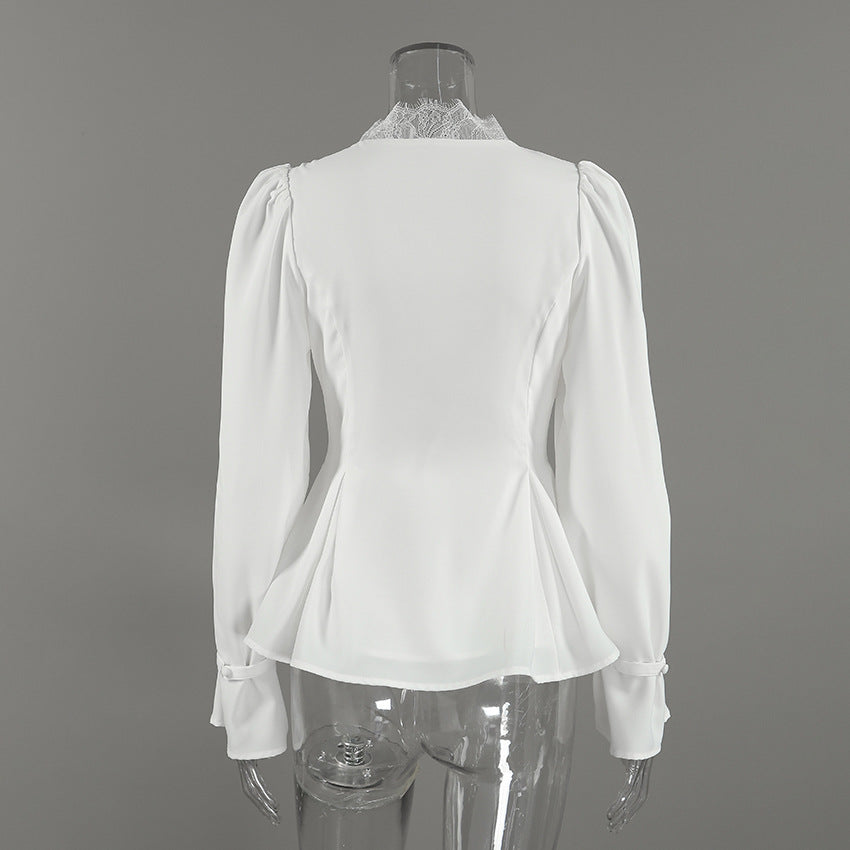 Lace Trim Button Front Peplum Top