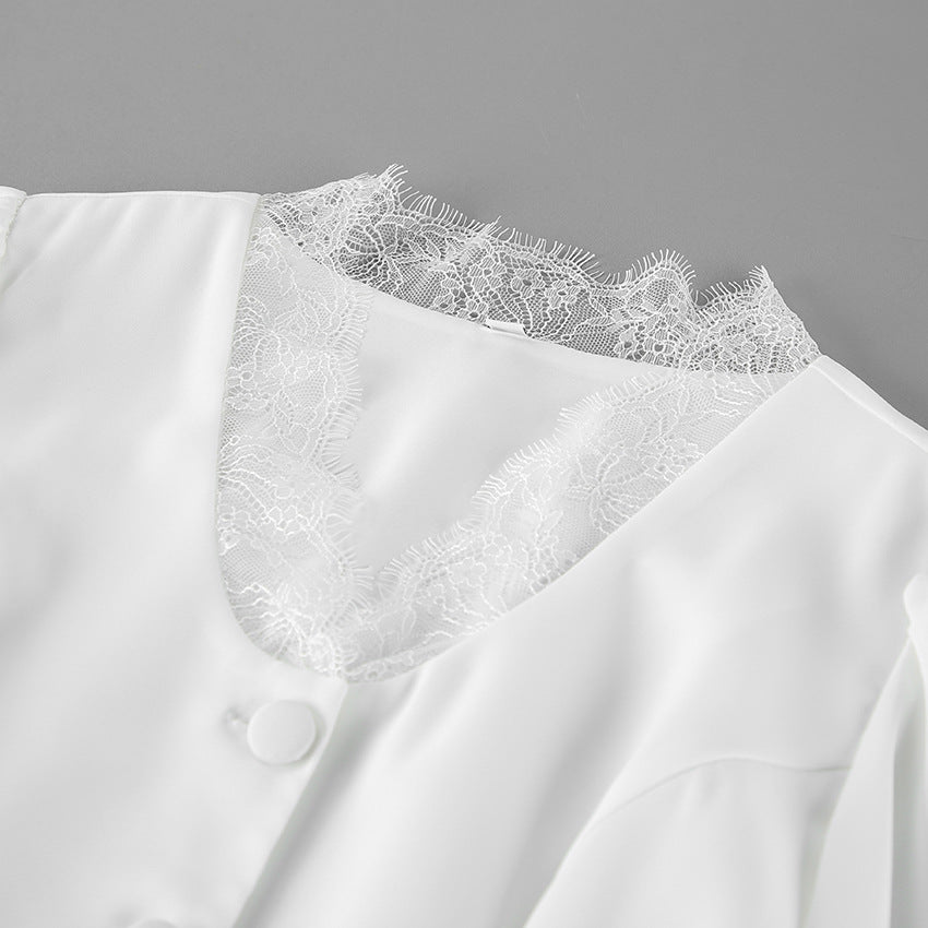 Lace Trim Button Front Peplum Top
