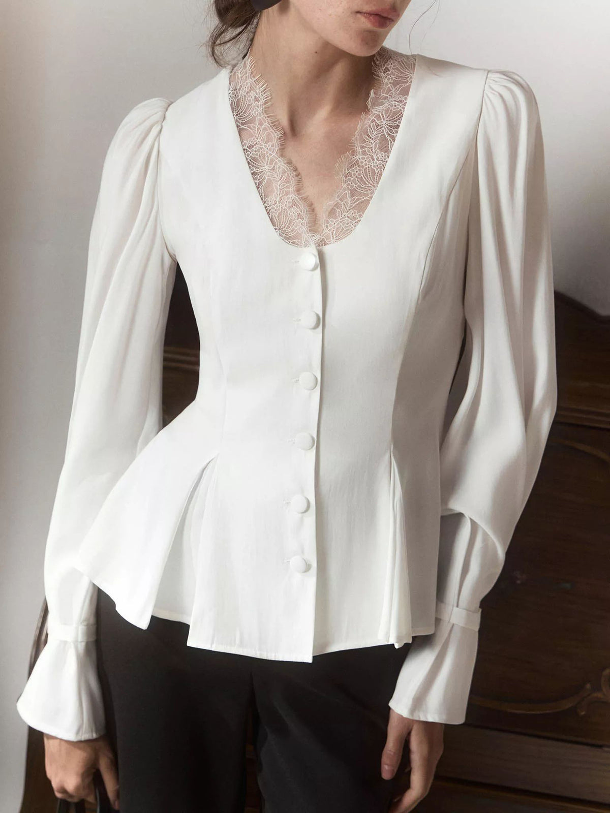 Lace Trim Button Front Peplum Top