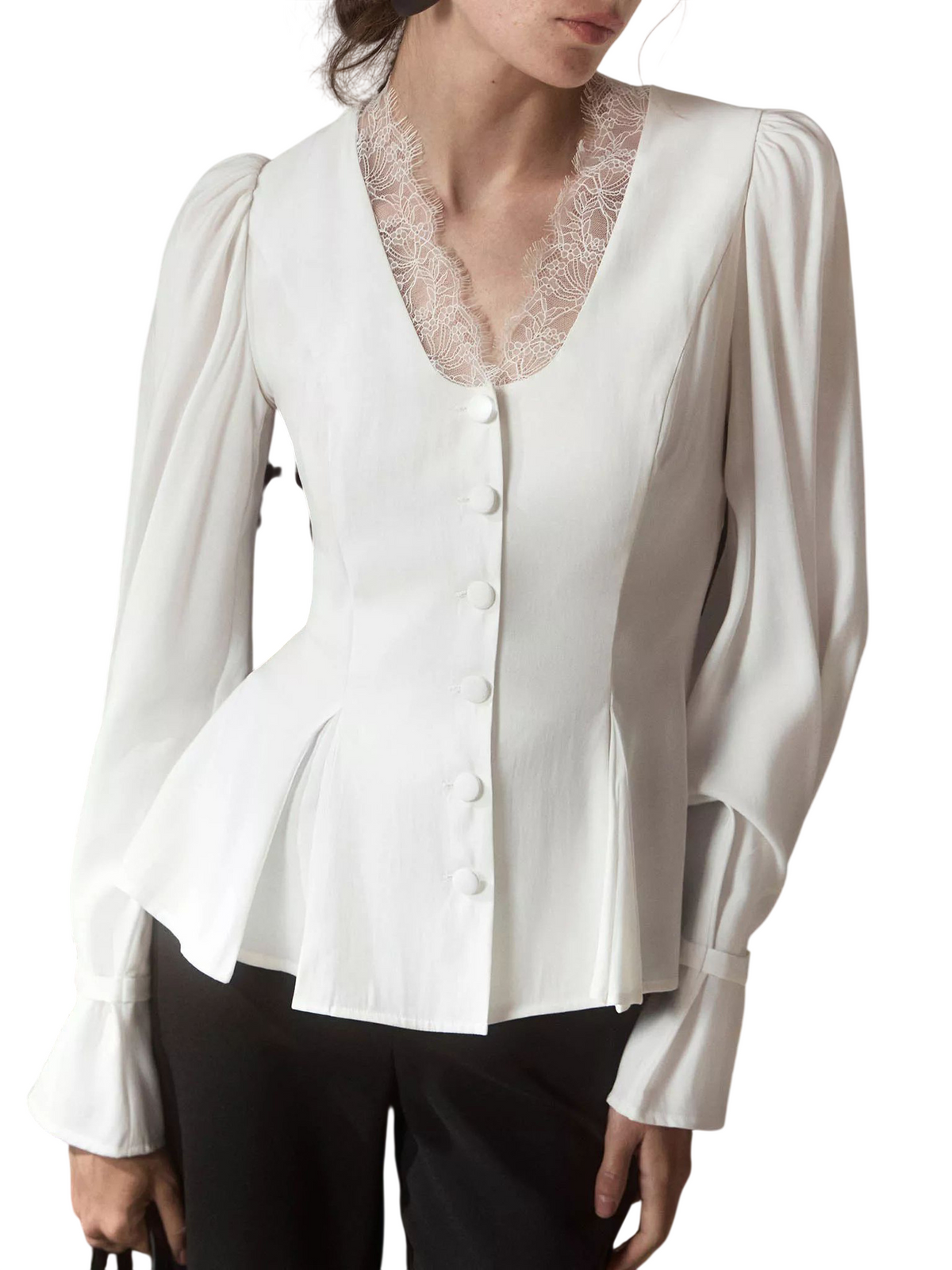 Lace Trim Button Front Peplum Top