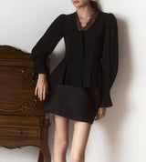 Lace Trim Button Front Peplum Top