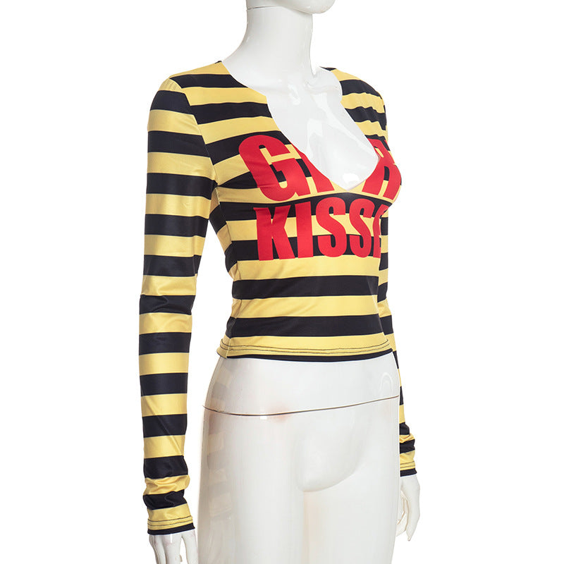 Women’s Striped Graphic Print Long Sleeve Fitted Crop Top