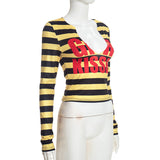 Women’s Striped Graphic Print Long Sleeve Fitted Crop Top