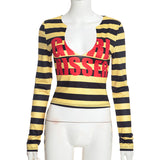 Women’s Striped Graphic Print Long Sleeve Fitted Crop Top